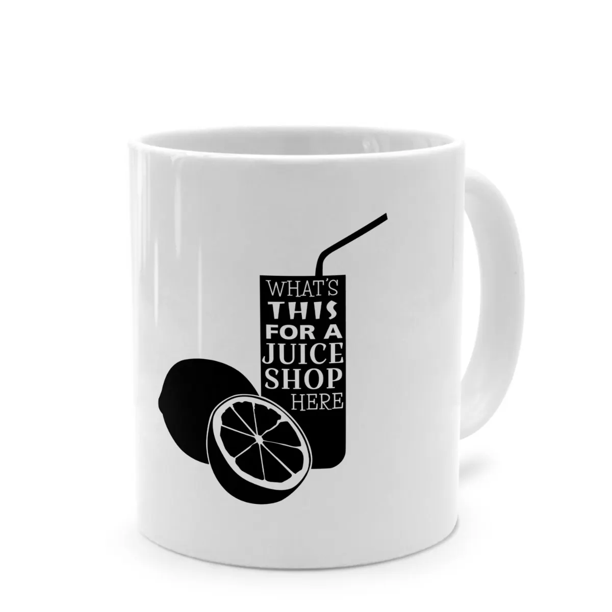 Tasse mit lustigem Denglisch-Spruch 'What's this for a juiceshop here?'