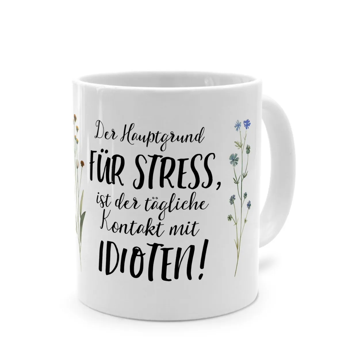 Tasse mit Spruch 'Der Hauptgrund FÜR STRESS, ist der tägliche Kontakt mit IDIOTEN!'